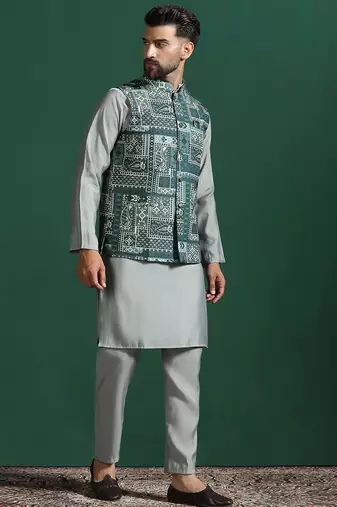 Green kurta jacket pyjama set with ethnic motifs print     royal indian traditional wear