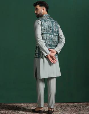 Green kurta jacket pyjama set with ethnic motifs print     royal indian traditional wear 4