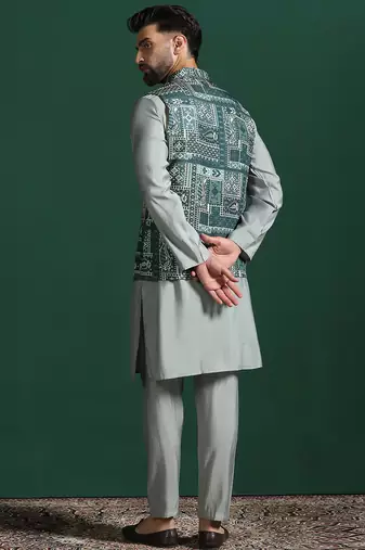 Green kurta jacket pyjama set with ethnic motifs print     royal indian traditional wear