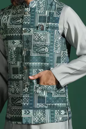 Green kurta jacket pyjama set with ethnic motifs print     royal indian traditional wear