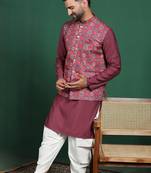 Pink printed kurta jacket patiala set     indian wedding outfit for men