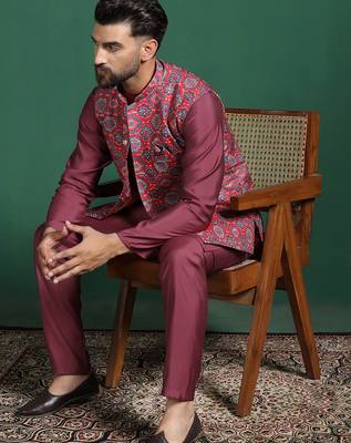 Red printed kurta jacket pyjama set     indian ethnic wear for festive events 1