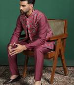 Red printed kurta jacket pyjama set     indian ethnic wear for festive events
