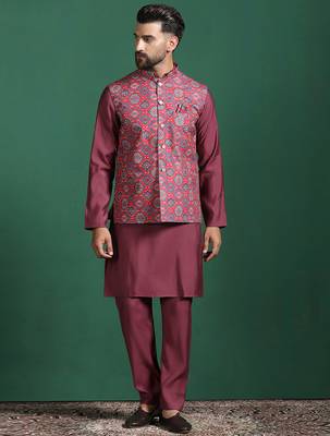 Red printed kurta jacket pyjama set     indian ethnic wear for festive events 2