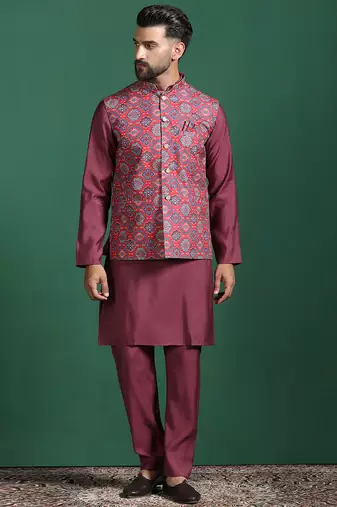 Red printed kurta jacket pyjama set     indian ethnic wear for festive events