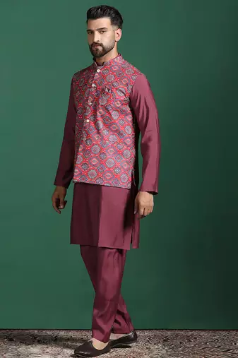 Red printed kurta jacket pyjama set     indian ethnic wear for festive events