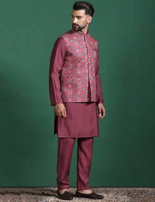 Red printed kurta jacket pyjama set     indian ethnic wear for festive events 4