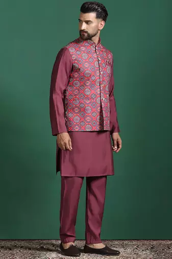 Red printed kurta jacket pyjama set     indian ethnic wear for festive events