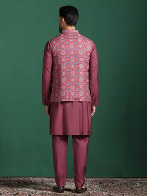 Red printed kurta jacket pyjama set     indian ethnic wear for festive events 5