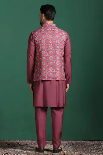 Red printed kurta jacket pyjama set     indian ethnic wear for festive events