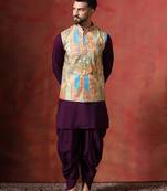 Beige kurta jacket dhoti set with ethnic motifs print     traditional indian ensemble