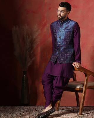 Blue jacquard kurta jacket dhoti set     regal indian wedding outfit 1