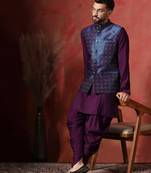 Blue jacquard kurta jacket dhoti set     regal indian wedding outfit