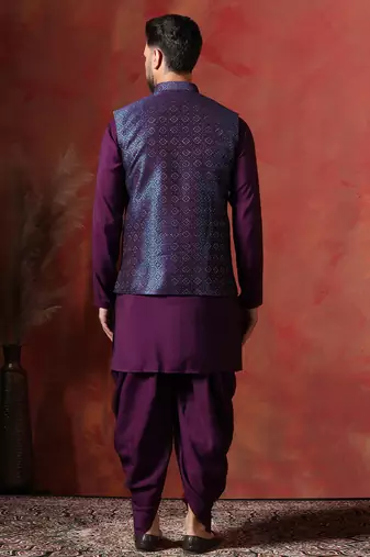 Blue jacquard kurta jacket dhoti set     regal indian wedding outfit