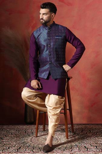 Blue jacquard kurta jacket patiala set – designer indian traditional wear