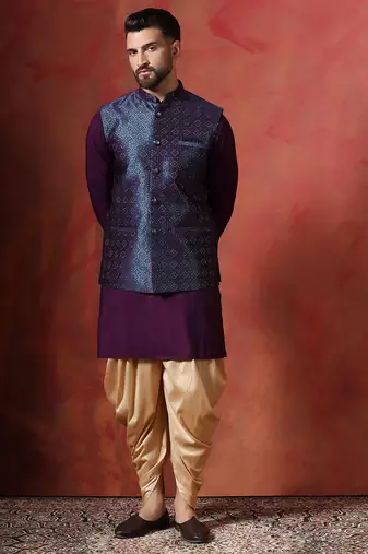 Blue jacquard kurta jacket patiala set     designer indian traditional wear