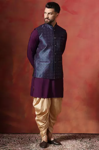 Blue jacquard kurta jacket patiala set     designer indian traditional wear