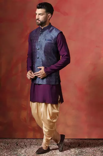 Blue jacquard kurta jacket patiala set     designer indian traditional wear