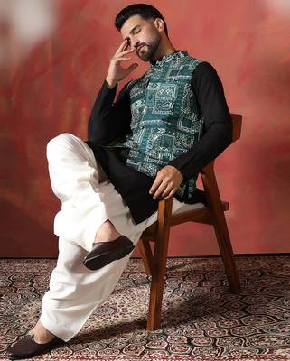 Green kurta jacket patiala set with ethnic motifs print     indian ethnic wear for men 1