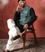 Green kurta jacket patiala set with ethnic motifs print     indian ethnic wear for men