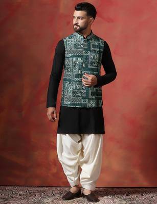 Green kurta jacket patiala set with ethnic motifs print     indian ethnic wear for men 2