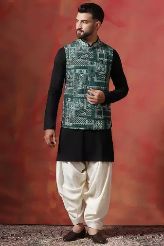 Green kurta jacket patiala set with ethnic motifs print     indian ethnic wear for men