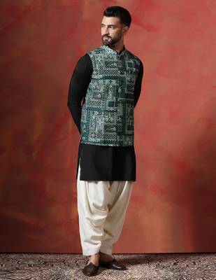 Green kurta jacket patiala set with ethnic motifs print     indian ethnic wear for men 3