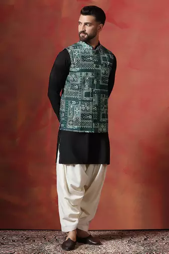 Green kurta jacket patiala set with ethnic motifs print     indian ethnic wear for men