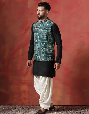 Green kurta jacket patiala set with ethnic motifs print     indian ethnic wear for men 4