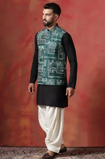 Green kurta jacket patiala set with ethnic motifs print     indian ethnic wear for men