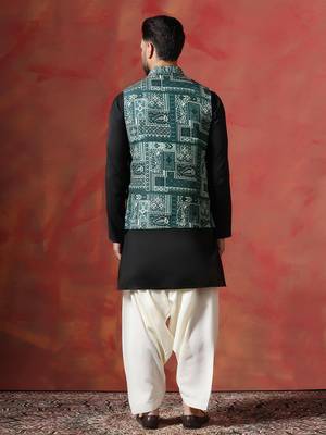 Green kurta jacket patiala set with ethnic motifs print     indian ethnic wear for men 5