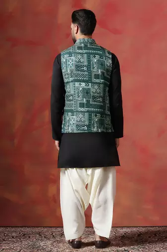 Green kurta jacket patiala set with ethnic motifs print     indian ethnic wear for men