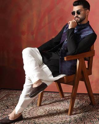 Blue jacquard kurta jacket dhoti set     rich fabric indian traditional wear 1