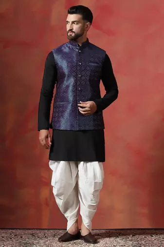 Blue jacquard kurta jacket dhoti set     rich fabric indian traditional wear