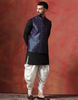 Blue jacquard kurta jacket dhoti set     rich fabric indian traditional wear 3