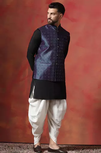 Blue jacquard kurta jacket dhoti set     rich fabric indian traditional wear