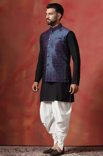 Blue jacquard kurta jacket dhoti set     rich fabric indian traditional wear