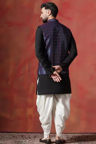 Blue jacquard kurta jacket dhoti set     rich fabric indian traditional wear