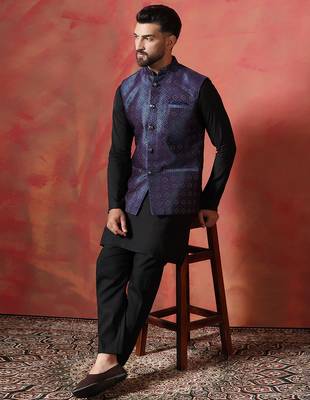 Blue jacquard kurta jacket pyjama set   premium indian ethnic outfit 1