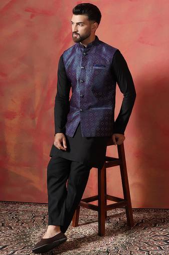 Blue jacquard kurta jacket trouser set – premium indian ethnic outfit