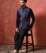 Blue jacquard kurta jacket trouser set     premium indian ethnic outfit
