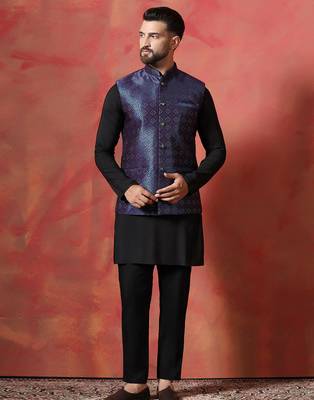 Blue jacquard kurta jacket pyjama set   premium indian ethnic outfit 2