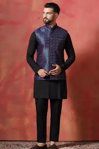 Blue jacquard kurta jacket pyjama set   premium indian ethnic outfit