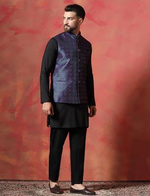 Blue jacquard kurta jacket pyjama set   premium indian ethnic outfit 3