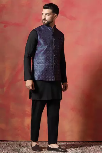 Blue jacquard kurta jacket pyjama set   premium indian ethnic outfit
