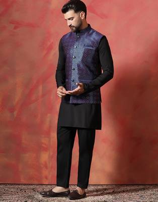 Blue jacquard kurta jacket pyjama set   premium indian ethnic outfit 4