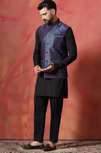 Blue jacquard kurta jacket pyjama set   premium indian ethnic outfit