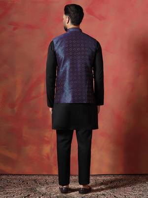 Blue jacquard kurta jacket pyjama set   premium indian ethnic outfit 5
