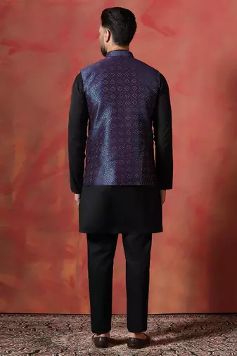 Blue jacquard kurta jacket pyjama set   premium indian ethnic outfit
