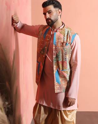 Beige kurta jacket patiala set with ethnic motifs print     classic indian festive outfit 1
